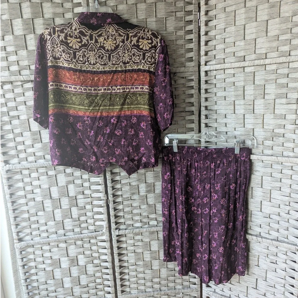 Vtg 90s 2 Pc Set Shorts Purple Floral‎ Rayon Button Up Short Sleeve Top Artsy MD